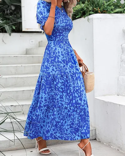 Miniatura 93 de BTFBM Vestidos para mujer, cuello redondo, casual, de verano, con volantes, manga corta, bohemio, con niveles, fruncido, largo, con estampado floral
