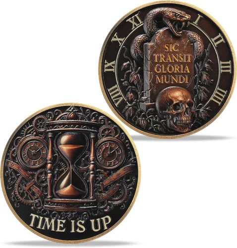 Moneda de calavera estoica Memento Mori - Moneda de desafío Memento Vivere con tumba de serpiente y reloj de arena - Sic Transit Gloria Mundi - Time