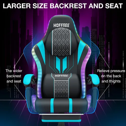 Miniatura 6 de HOFFREE Silla LED para juegos con altavoces, silla de computadora grande y alta con luces RGB, silla de juego Bluetooth con reposapiés, sillas