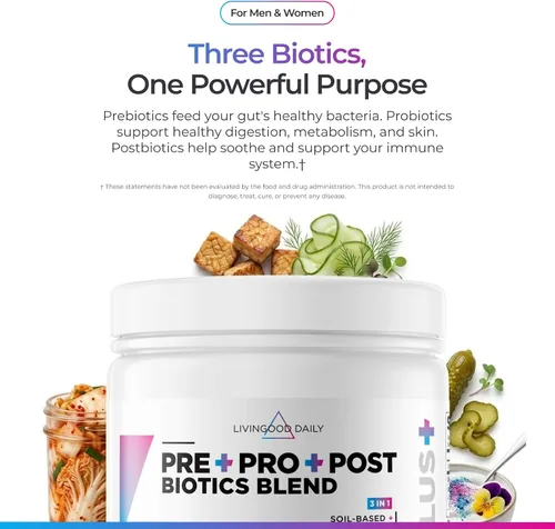 Miniatura 2 de Livingood Daily Pre Pro Post Biotics Mezcla en polvo, suplemento de salud digestiva con prebióticos de inulina de agave azul orgánico, probióticos