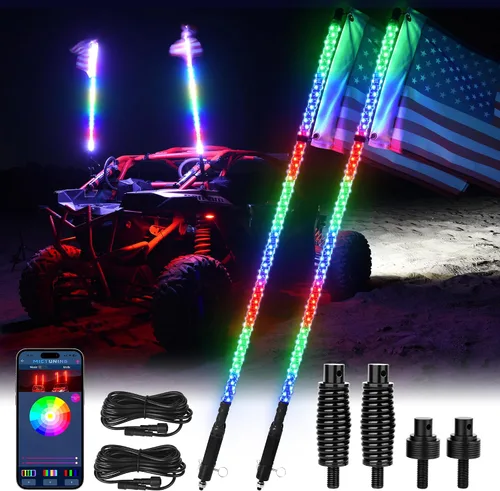 MICTUNING 2PCS Luces LED Whip W1 de 3 pies con bandera y base de resorte, luces whip de persecución en espiral RGB+IC con APP, sincronización de