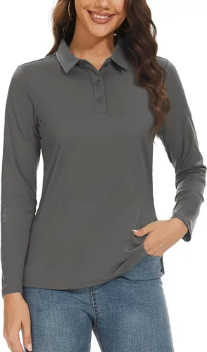 TACVASEN Polo de manga larga para mujer, con protección solar UV, SPF para exteriores, manga larga, 3 botones, secado rápido, para golf