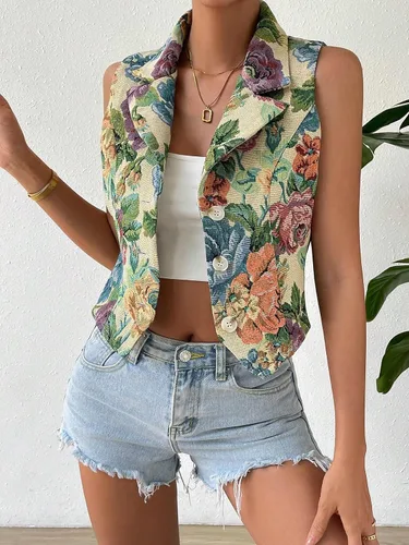 Miniatura 5 de WDIRARA Chaleco corto casual sin mangas con estampado floral y botones en la parte delantera