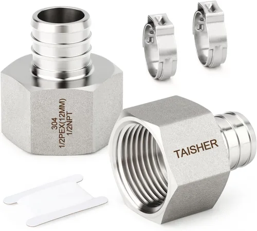TAISHER 2 accesorios Pex de acero inoxidable 304, 1/2 pulgada Pex x 1/2 pulgada NPT hembra, 1/2 pulgada Pex montaje con 2 abrazaderas de manguera