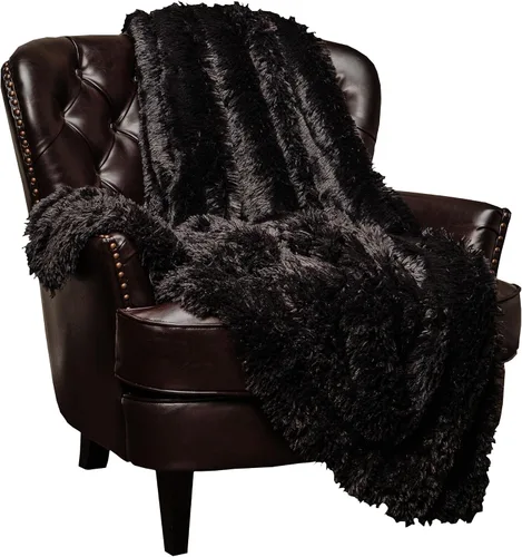 Chanasya - Manta de pelo largo sintético - Manta de felpa ligera y esponjosa de forro polar de microfibra - para sofá, cama, silla, material Negro
