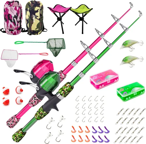 Lanaak Caña de Pescar para Niños, Juego de Caña de Pescar Telescópica Portátil para Niños, Kit Combo de Caja de Aparejos y Red de Pesca, Equipo de