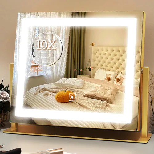 ROLOVE Espejo de tocador dorado con luces de 14 x 11 pulgadas, espejo de maquillaje iluminado, táctil inteligente de 3 colores regulables, aumento