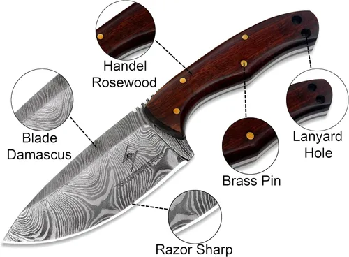 Miniatura 2 de Cuchillo de Acero de Damasco con Funda de Cuero – Cuchillo de Hoja Fija de Espiga Completa de 7.5" con Mango de Madera de Palisandro de 4