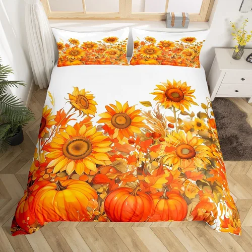Miniatura 14 de Erosebridal Juego de funda de edredón individual de pavo de Acción de Gracias, juego de ropa de cama de calabaza y hojas de otoño para niños
