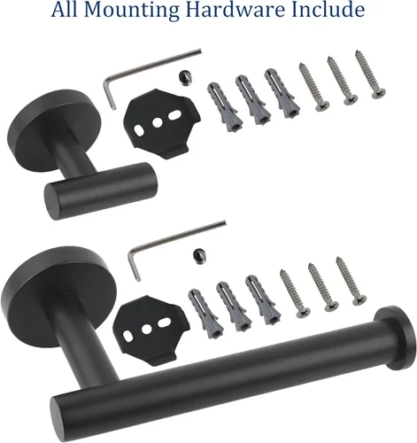 Miniatura 7 de Juego de accesorios de baño negro mate, 3 piezas de acero inoxidable de alta calidad, incluye soportes para papel higiénico de 5 pulgadas y 2