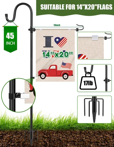 Miniatura 2 de Soporte para bandera de jardín con gancho de pastor para banderas de 14 x 20 pulgadas con 2 topes de resorte y 1 clip, soporte para banderas