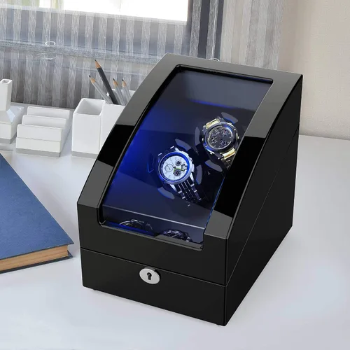 Miniatura 6 de TRIPLE TREE Bobinadora de reloj doble + 3 almohadas de reloj de cuero suave LED automáticos, caja de bobinado de madera con carcasa de madera