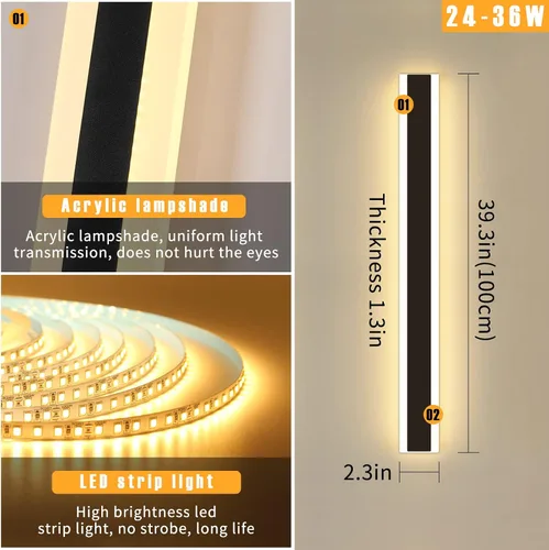 Miniatura 10 de Luz de pared exterior moderna de 47 pulgadas, accesorios de iluminación exterior de acrílico negro de 3000K, montaje en pared, luces de porche