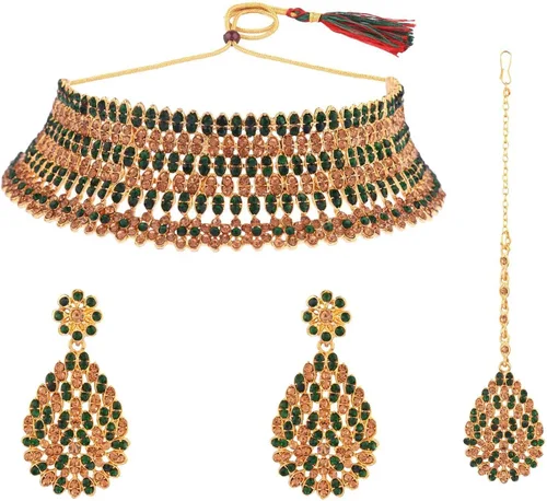 Efulgenz Crystal Neckalce Set Rhinestone Brown Wedding Bridal Choker Austrian Necklace Earrings with Maang Tikka Head Chain Indian Bollywood Jewelry