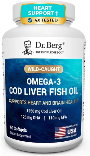 Dr. Berg Aceite de hígado de bacalao Omega-3 de máxima potencia (1250 mg) de bacalao capturado en la naturaleza - Aceite de pescado Omega-3 con