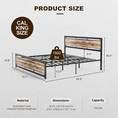 Miniatura 2 de IKIFLY Marco de cama de metal tamaño California King, plataforma industrial Cal King con cabecero de madera, soporte de listones de acero