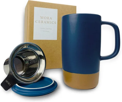 Mora Ceramics - Taza de té grande con infusor de hojas sueltas y tapa de cerámica, 18 onzas, portátil, apta para microondas y lavavajillas, taza de
