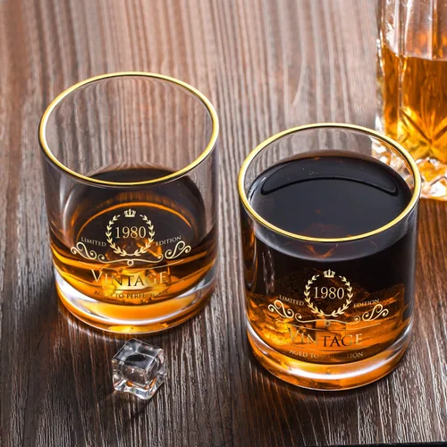 Miniatura 4 de Regalos de cumpleaños 45 para hombre/padre/hijo de 1980, vasos clásicos para whisky hechos a mano con oro de 24 quilates, estilo antiguo, no se