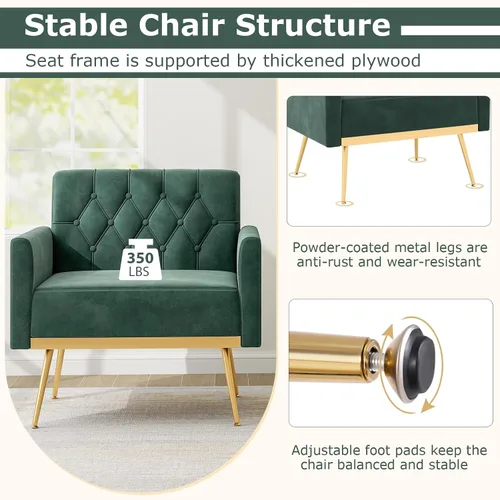 Miniatura 4 de Giantex Silla decorativa moderna de terciopelo, silla individual tapizada de mediados de siglo con respaldo copetudo con botones, patas de metal