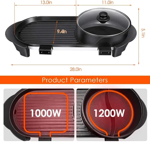 Miniatura 5 de Parrilla eléctrica de 2200 W con olla caliente, barbacoa multifuncional para interiores y Shabu Shabu, doble temperatura contral de 3.6 litros