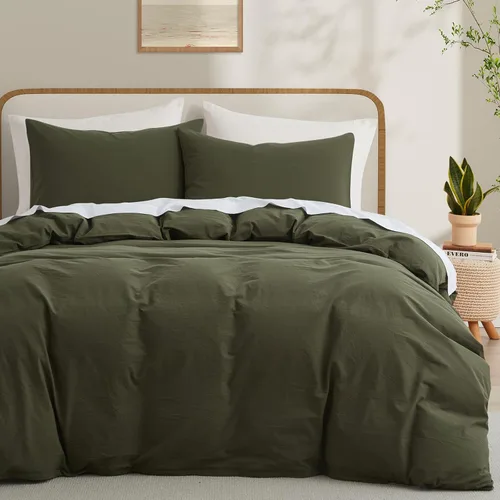 LOVQUE Funda de edredón de algodón verde oliva, tamaño King, juego de ropa de cama natural similar al lino con cierre de cremallera (sin edredón),