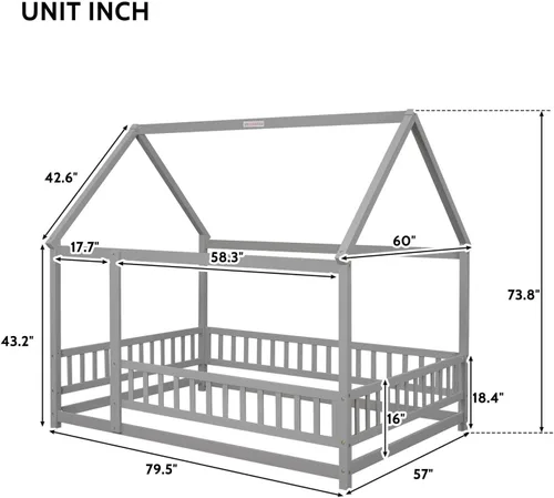 Miniatura 2 de LLS Cama de piso completo para niños, marco de cama de madera con techo y barandillas de valla seguras, cama Montessori para niñas y niños, gris