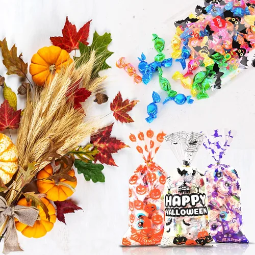 Miniatura 4 de AhfuLife 200 bolsas de celofán de Halloween, 8 diseños de bolsas de dulces transparentes de Halloween con lazos giratorios para golosinas o tratos