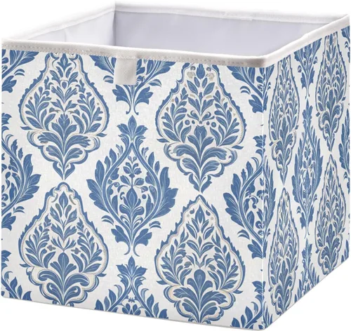 Kigai Cubos de almacenamiento plegables de tela de 11 x 11 pulgadas con patrón de damasco azul y blanco, cajas plegables para organizar el hogar