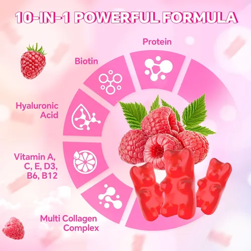 Miniatura 4 de Gomitas de colágeno para mujeres y hombres, proteína de colágeno hidrolizada tipo I II III V X con biotina vitamina C A B D E ácido hialurónico