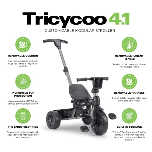 Miniatura 5 de Joovy Tricycoo 4.1 triciclo para niños con 4 etapas con neumático delantero extra ancho, manija para padres extraíble y ajustable, arnés