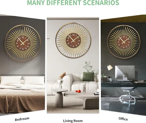 Miniatura 7 de Reloj de pared moderno de mediados de siglo de 24 pulgadas, diseño de metal de marco redondo con centro de madera de nogal, movimiento de cuarzo F