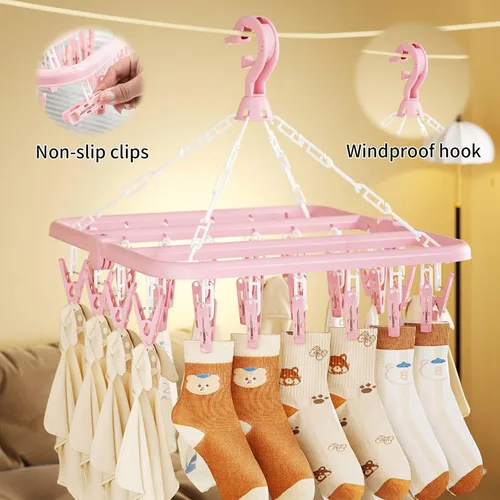 Miniatura 7 de Tendedero de Ropa con 32 Pinzas, Tendedero Colgante Plegable, Gancho Giratório de 360° para Secar Calcetines, Ropa de Bebé, Toallas, Guantes
