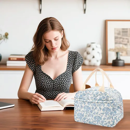 Miniatura 3 de Lonchera acolchada de algodón aislada, bonita bolsa acolchada con estampado floral, reutilizable, aislada, coqueta, de gran capacidad, hielera