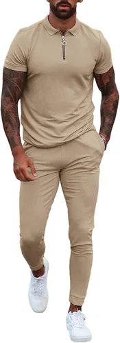 Chándal deportivo para hombre, 2 piezas, camisa polo y pantalones deportivos con cremallera de cuatro, sudadera de color liso, pantalones deportivos