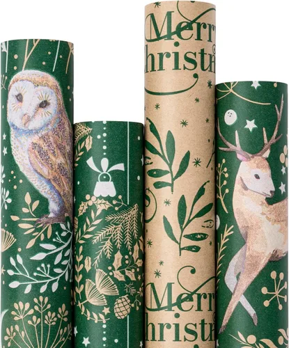 Miniatura 17 de RUSPEPA - Papel para envolver regalos de Navidad, papel kraft café con impresión de elementos navideños negros - 4 rollos de 30 pulgadas x 10 pies