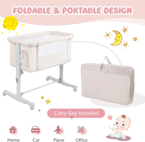Miniatura 7 de BABY JOY Cuna plegable 3 en 1 con altura ajustable, colchón, ruedas bloqueables, bolsillo de almacenamiento y bolsa de transporte para recién Beige