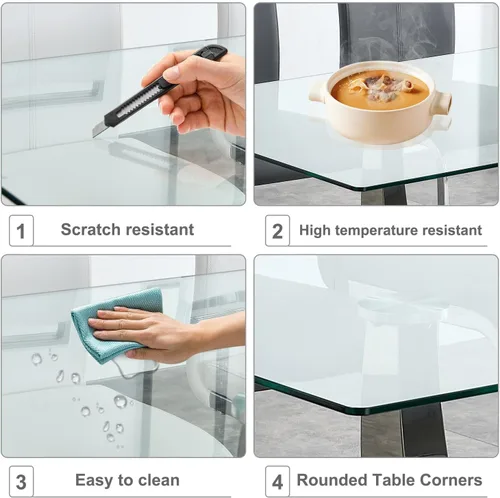 Miniatura 7 de Juego de mesa de comedor de vidrio de 63" para 4, juego de mesa de comedor moderno para 4, mesa de cocina y sillas de cuero PU, mesa de comedor