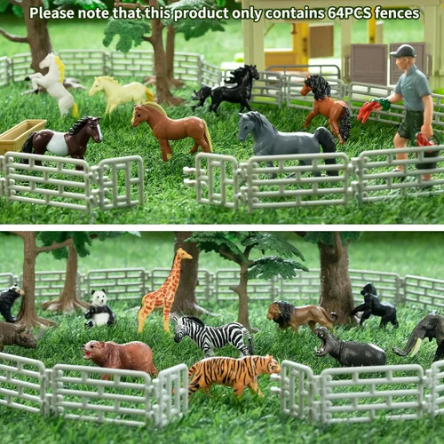 Miniatura 3 de Toymany 64 piezas de mini vallas de juguete para animales de granja, pequeños caballos de corral, cercado de plástico para granja, granero, paddock