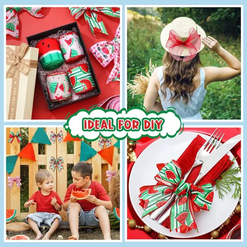 Miniatura 6 de Woanger 10 Rollos de Cinta con Borde de Alambre a Rayas de Sandía y Cinta de Malla para Envoltorio de Regalos DIY de Verano, Manualidades, Corona
