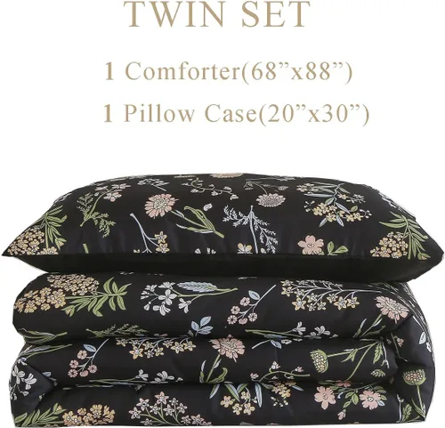 Miniatura 2 de Juego de edredón floral tamaño Twin, edredón negro estampado de hojas de flores botánicas amarillas y verdes para niños, adolescentes y mujeres
