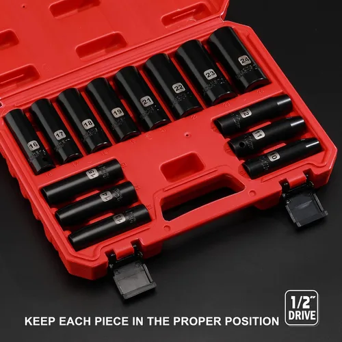 Miniatura 5 de EMENTOL Juego de llaves de vaso de impacto profundo de 1/2", métricas, 6 puntos, CR-V, 14 piezas de 1/2 pulgada Dr. Deep Socket Set, 0.394 in