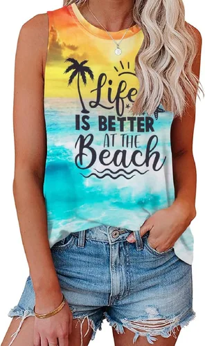 LUKYCILD Life is Better at The Beach Tank Tops Women Summer Beach Tank Casual Vacation Graphic Sleeveless Shirt