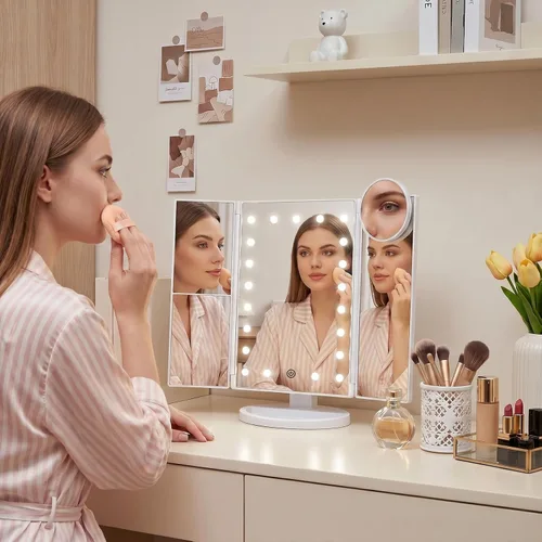 Miniatura 5 de HUONUL - Espejo para maquillaje con luces LED, aumento de x1, x2 y x3, iluminado, control táctil, espejo triple plegable, fuente de alimentación