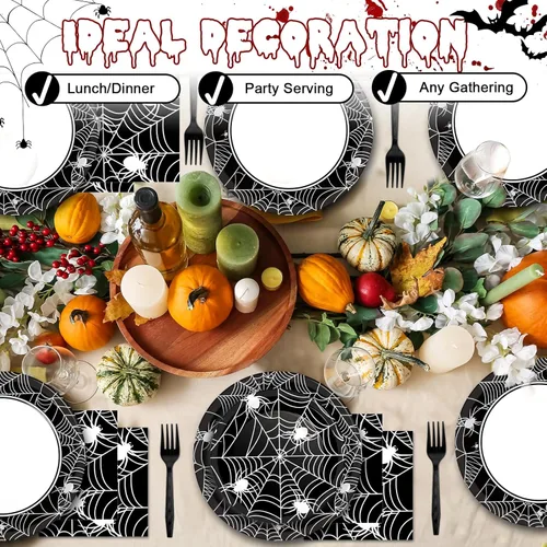 Miniatura 7 de 50 Invitados Platos y Servilletas de Telaraña de Halloween Suministros para Fiestas Decoraciones de Fiesta de Telaraña Vajilla Desechable Negra