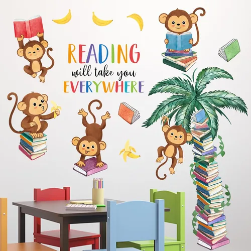 Mfault Calcomanías de pared de libro de lectura de mono, la lectura te llevará a todas partes, decoración de aula de guardería, arte de dormitorio,