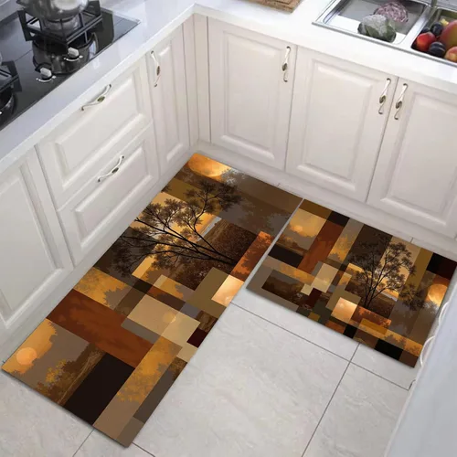 Miniatura 3 de Retro Sunset Forest Kitchen Mats, Abstract Geometry Kitchen Rugs Set of 2, Rust Brown Washable Floor Carpet, Xmas Decor Mats for Hallways Bathroom