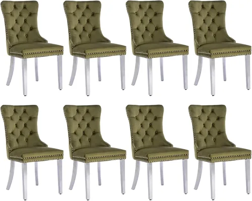 Miniatura 30 de SoarFlash Juego de 2 sillas de comedor de tela de lino, sillas de comedor tapizadas con ribete de cabeza de clavo y patas de madera de color claro