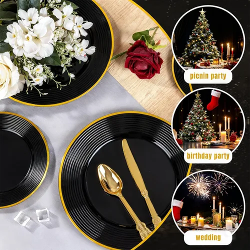 Miniatura 7 de Liacere 100 platos de plástico negro, platos desechables resistentes, platos negros y dorados, incluye platos para cena/postre para bodas, fiestas