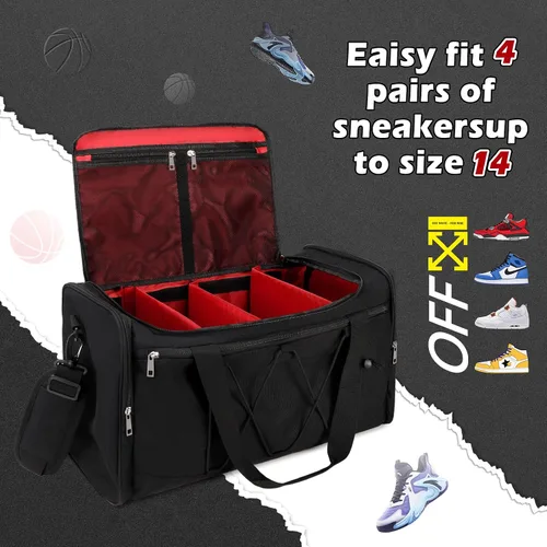 Miniatura 3 de Bolsa de deporte para viajes, deportes al aire libre, bolsa de zapatos para 4 pares de tenis hasta la talla 14, bolsa de viaje con 3 divisores