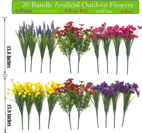 Miniatura 2 de 20 flores artificiales resistentes a los rayos UV para exteriores, arbustos realistas de vegetación sintética con tallos inoxidables, plantas